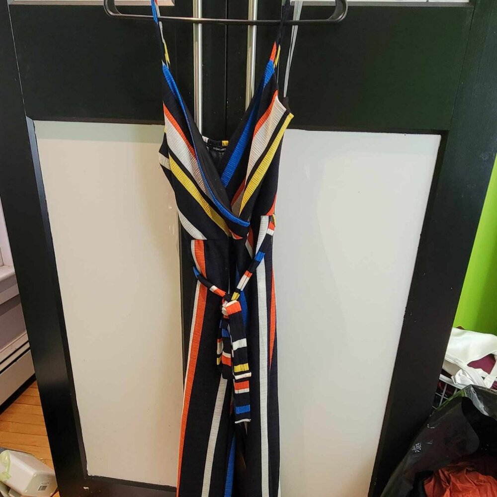 multicolor striped jumpsuit with tie up waist